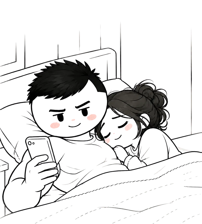 A couple lying in bed together, one of them looking at a phone